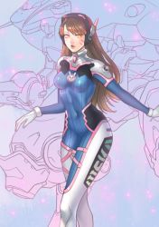 Rule 34 | 1girl, blue background, bodysuit, breasts, brown eyes, brown hair, clothes writing, covered navel, cowboy shot, d.va (overwatch), facial mark, gloves, headphones, long hair, looking at viewer, medium breasts, meka (overwatch), misa (mrk1218), overwatch, overwatch 1, parted lips, pilot suit, solo, swept bangs, whisker markings, white gloves