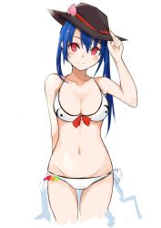 Rule 34 | 1girl, adapted costume, bikini, blue hair, breasts, cleavage, food, fruit, hat, highres, hinanawi tenshi, long hair, peach, red eyes, simple background, smile, solo, swimsuit, tetsurou (fe+), touhou