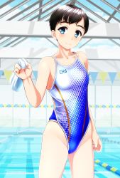 Rule 34 | 1girl, absurdres, black hair, blue eyes, breasts, clothes writing, competition swimsuit, cowboy shot, highres, indoors, lane line, looking at viewer, one-piece swimsuit, original, pool, short hair, small breasts, solo, standing, string of flags, unworn swim cap, swimsuit, takafumi, two-tone swimsuit, water, white headwear, white one-piece swimsuit