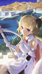Rule 34 | 1girl, animal ears, bare shoulders, black skirt, blonde hair, blurry, blurry background, bow, bowtie, breasts, brooch, curled horns, detached sleeves, dress, fur-trimmed dress, fur-trimmed sleeves, fur trim, hair ornament, hairclip, harp, highres, holding, holding instrument, hololive, horns, instrument, jewelry, large breasts, long hair, looking at viewer, m.q (mqkyrie), miniskirt, outdoors, purple eyes, red bow, red bowtie, sheep ears, sheep girl, sheep horns, short dress, signature, skirt, sleeveless, sleeveless dress, smile, solo, tsunomaki watame, tsunomaki watame (1st costume), virtual youtuber, white dress, white sleeves