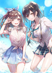 Rule 34 | 2girls, ;d, ao+beni, arm up, black hair, blue bow, blue skirt, blue sky, blurry, blush, bow, bra, bra visible through clothes, bracelet, breast pocket, breasts, brown eyes, brown hair, buttons, closed mouth, commentary request, day, depth of field, dog tags, dress shirt, floating hair, green neckwear, green skirt, hair between eyes, hair bow, high ponytail, highres, holding, idolmaster, idolmaster shiny colors, jewelry, large breasts, leaning forward, legs together, long hair, long sleeves, looking at viewer, looking to the side, loose necktie, medium skirt, multiple girls, necktie, one eye closed, open mouth, outdoors, partially unbuttoned, pink bra, plaid, plaid skirt, pleated skirt, pocket, ponytail, purple bra, school uniform, see-through, shiny skin, shirase sakuya, shirt, sidelocks, skirt, skirt hold, sky, sleeveless, sleeveless shirt, sleeves rolled up, smile, standing, summer, swept bangs, thigh gap, tied shirt, tsukioka kogane, underwear, wading, water, water drop, wet, wet clothes, wet shirt, white shirt, wing collar