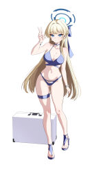 Rule 34 | 1girl, absurdres, arm up, blonde hair, blue archive, blue choker, blue eyes, breasts, briefcase, choker, closed mouth, earpiece, full body, halo, highres, long hair, looking at viewer, medium breasts, microphone, multicolored hair, navel, sandals, schwarz rubin, simple background, solo, stomach, streaked hair, thighs, toki (blue archive), v, very long hair, watch, white background, wristwatch