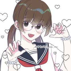 Rule 34 | 1girl, blush, brown hair, commentary, english commentary, fang, flat chest, glasses, heart, long hair, open mouth, osamu (ri osa mu), petite, real life, thai commentary, translated