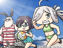 Rule 34 | +++, 2girls, ahoge, animalization, asashimo (kancolle), ball, beach, beachball, blue sky, brown hair, commentary request, dated, day, flip-flops, glasses, green eyes, hair over one eye, hamu koutarou, kantai collection, lifebuoy, long hair, marine day, multiple girls, muscular, okinami (kancolle), outdoors, ponytail, rensouhou-chan, sandals, seal (animal), sharp teeth, shimakaze (kancolle), shimakaze (kantai collection), shimakaze (seal), short hair, silver hair, sky, sunglasses, swim ring, swimsuit, teeth, whistle