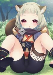 Rule 34 | 1girl, animal ear fluff, animal ears, ass, bike shorts, black scarf, black shorts, commission, commissioner upload, forest, genshin impact, grey hair, hands on own thighs, hood, japanese clothes, kimono, knees up, legs, looking at viewer, nature, open mouth, outdoors, purple kimono, raccoon ears, raccoon girl, raccoon tail, red eyes, sandals, sayu (genshin impact), scarf, sen1986, short hair, short kimono, short shorts, shorts, shuriken, sitting, skeb commission, solo, spread legs, tail, thighs, toeless footwear, toenails, toes, tree, weapon, yellow kimono