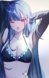 Rule 34 | 1girl, ;o, armpits, arms behind head, arms up, bare shoulders, black bra, blue hair, bra, breasts, cleavage, collarbone, commentary request, fang, frilled bra, frills, halterneck, highres, large breasts, lingerie, long hair, looking at viewer, navel, one eye closed, open mouth, original, purple eyes, see-through, seno (senohime), skin fang, solo, spaghetti strap, stomach, stomach tattoo, string bra, tattoo, underwear, upper body, very long hair