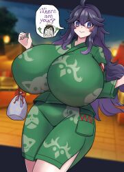Rule 34 | 1girl, @ @, ahoge, breasts, codeorange162, creatures (company), curvy, female focus, game freak, gigantic breasts, hex maniac (pokemon), highres, japanese clothes, long hair, looking at viewer, matching hair/eyes, nintendo, pokemon, pokemon sv, pokemon xy, poltchageist, purple eyes, purple hair, solo, speech bubble, thick thighs, thighs, wide hips