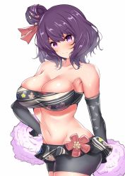 Rule 34 | 1girl, bad id, bad twitter id, bandeau, bare shoulders, black shorts, black skirt, blush, breasts, cleavage, closed mouth, collarbone, detached sleeves, fate/grand order, fate (series), floral print, hair bun, hair ribbon, hand on own hip, highres, katsushika hokusai (fate), large breasts, looking at viewer, microskirt, navel, pom pom (cheerleading), purple eyes, purple hair, ribbon, sankakusui, short hair, short shorts, shorts, simple background, single hair bun, skirt, smile, solo, swept bangs, white background