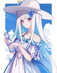 Rule 34 | 1girl, animal, animal on head, bare shoulders, bird, blue hair, blue sky, blunt bangs, bottle, captain yue, closed mouth, cloud, collarbone, day, dress, flower, hair flower, hair ornament, holding, holding bottle, lize helesta, long hair, looking at viewer, multicolored hair, nijisanji, off shoulder, on head, outdoors, purple eyes, ramune, sebastian piyodore, short sleeves, sky, solo, tongue, tongue out, two-tone hair, virtual youtuber, white dress, white hair