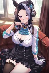 Rule 34 | 1girl, animal ears, black hair, blurry, blurry background, breasts, chair, cleavage, closed mouth, commentary request, curtains, forehead, gloves, hair bun, highres, horse ears, horse girl, horse tail, large breasts, looking at viewer, medium hair, mejiro ramonu (umamusume), mole, mole under eye, pointing, pointing at self, purple eyes, shirokuma a, single hair bun, sitting, smile, solo, tail, thighhighs, umamusume, window