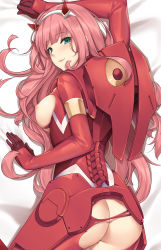 Rule 34 | 10s, 1girl, aqua eyes, ass, bodysuit, breasts, dakimakura (medium), darling in the franxx, hairband, large breasts, long hair, looking at viewer, looking back, lying, nipples, on stomach, pink hair, smile, solo, tony guisado, torn bodysuit, torn clothes, very long hair, zero two (darling in the franxx)