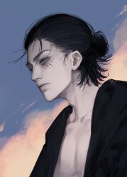 Rule 34 | 1boy, absurdres, adam&#039;s apple, bags under eyes, black shirt, blue sky, cloud, collarbone, eren yeager, expressionless, facial mark, forehead, from side, green eyes, hair bun, highres, lips, looking ahead, male focus, mugoa mugo, open clothes, open shirt, pectorals, shingeki no kyojin, shirt, sky, solo, sunset, toned, toned male, updo