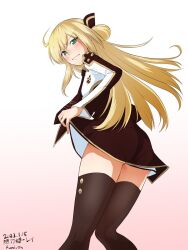 Rule 34 | 1girl, artist name, ass, blonde hair, breasts, brown necktie, clothes lift, collared dress, cowlick, dated, dress, duel monster, fumio (fumifumi), green eyes, hair ribbon, highres, long hair, looking back, medium breasts, necktie, ribbon, skirt, skirt lift, sky striker ace - raye, small breasts, solo, tears, thighhighs, two-tone dress, white dress, yu-gi-oh!, zettai ryouiki
