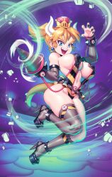 Rule 34 | 1girl, armlet, bare shoulders, black footwear, black thighhighs, blonde hair, blue eyes, bowsette, breasts, claw pose, detached sleeves, drill hand, earrings, fingernails, full body, high heels, highres, horns, jewelry, large breasts, leotard, long hair, looking at viewer, mario (series), monster girl, navel, new super mario bros. u deluxe, nintendo, open mouth, pointy ears, ponytail, revealing clothes, sharp fingernails, sideboob, skindentation, smile, solo, spiked armlet, super crown, super mario bros. wonder, supersatanson, tail, thighhighs