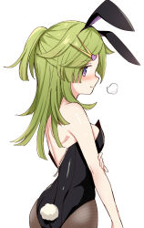 1girl aki_mabayu black_leotard commentary_request green_hair highres leotard long_hair magia_record:_mahou_shoujo_madoka_magica_gaiden mahou_shoujo_madoka_magica partially_unzipped playboy_bunny puff_of_air purple_eyes scissors_hair_ornament solo strapless strapless_leotard suzugahama unzipped