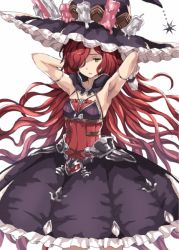 Rule 34 | 10s, 1girl, anna (granblue fantasy), armpits, arms behind head, arms up, breasts, candle, dress, frills, gloves, granblue fantasy, hair over one eye, hat, jewelry, long hair, open mouth, rasahan, red hair, simple background, solo, very long hair, white gloves, witch, witch hat