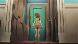 Rule 34 | 1girl, alternate costume, alternate hairstyle, animated, animated gif, barefoot, brown hair, door, doorknob, feet, from behind, from below, full body, green shirt, hallway, indoors, k-on!, k-on! movie, lowres, pants, pink pants, screencap, shirt, short hair, shorts, side ponytail, sleeveless, sleeveless shirt, solo, striped clothes, striped shirt, symmetry, tainaka ritsu, tiptoes, wide shot