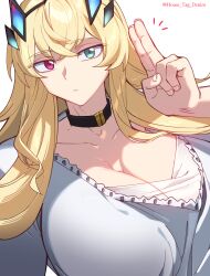 Rule 34 | 1girl, absurdres, blonde hair, breasts, choker, cleavage, collarbone, dress, fairy knight gawain (dream portrait) (fate), barghest (fate), fate/grand order, fate (series), green eyes, heterochromia, highres, horns, house tag denim, huge breasts, long hair, looking at viewer, red eyes, short sleeves, solo, white dress