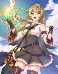 Rule 34 | 1girl, artist name, artist request, bag, bare shoulders, black gloves, blue sky, blush, breasts, brown eyes, brown hair, carrying, carrying bag, cloud, collared shirt, day, earrings, epiccococooki, female focus, gloves, granblue fantasy, grey hair, highres, holding, holding scepter, jewelry, light brown hair, long hair, love live!, love live! school idol festival, love live! school idol project, minami kotori, outdoors, parted lips, scepter, shirt, sky, small breasts, smile, solo, white shirt