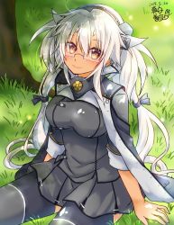 Rule 34 | 1girl, artist name, black skirt, black thighhighs, breasts, brown eyes, capelet, commentary request, dark-skinned female, dark skin, dated, glasses, grass, hair between eyes, headgear, jewelry, kantai collection, large breasts, long hair, looking at viewer, mashiro yukiya, miniskirt, musashi (kancolle), musashi kai ni (kancolle), one-hour drawing challenge, red eyes, ring, semi-rimless eyewear, short hair with long locks, sitting, skirt, solo, thighhighs, tree, twintails, two side up, under-rim eyewear, very long hair, wedding band