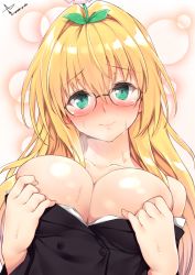Rule 34 | 10s, 1girl, 2016, aqua eyes, blonde hair, blush, breasts, breath, buttons, closed mouth, comic, dated, double-breasted, eyebrows, flower, flower on head, glasses, hair between eyes, hair intakes, large breasts, long hair, looking at viewer, pulled by self, shirt down, signature, smile, solo, sweat, tearju lunatique, to love-ru, upper body, yappen, yatsu (sasuraino)