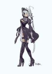 Rule 34 | 1girl, blue background, from side, full body, greyscale, highres, holding, holding sword, holding weapon, kotoyama, monochrome, nier:automata, nier (series), short hair, simple background, solo, standing, sword, thigh strap, weapon