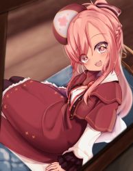 Rule 34 | 1girl, bobicess, braid, breasts, cleavage, commentary, dress, english commentary, hat, head tilt, highres, leggings, looking at viewer, looking up, medium breasts, nini yuuna, nini yuuna (2nd costume), open mouth, pink hair, red dress, sitting, smile, solo, tsunderia, virtual youtuber