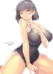 Rule 34 | 1girl, absurdres, ayaki, black hair, braid, breasts, brown hair, clothes writing, covered navel, female focus, frown, highres, kneeling, large breasts, looking at viewer, one-piece swimsuit, original, short hair, sitting, solo, strap lift, strap slip, swimsuit, white eyes