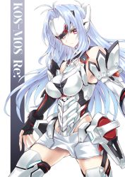 Rule 34 | 1girl, android, bare shoulders, blue hair, breasts, character name, forehead protector, hair intakes, highres, kos-mos, kos-mos re:, long hair, medium breasts, nintendo, red eyes, solo, text focus, xenoblade chronicles (series), xenoblade chronicles 2, xenoblade chronicles (series), xenoblade chronicles 2, xenosaga