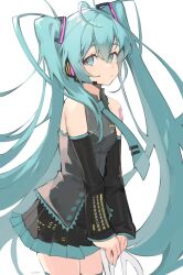 Rule 34 | 1girl, aqua eyes, aqua hair, aqua necktie, bare shoulders, black skirt, black sleeves, breasts, collared shirt, commentary, detached sleeves, english commentary, expressionless, grey shirt, hair ornament, hatsune miku, headphones, headset, highres, long hair, looking at viewer, milka (milk4ppl), necktie, pleated skirt, shirt, signature, simple background, skirt, sleeveless, sleeveless shirt, small breasts, solo, twintails, very long hair, vocaloid, white background