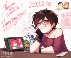 Rule 34 | 2022, 2girls, ;d, artist name, bird, black choker, blush, breasts, character request, choker, duck, earrings, glasses, green hair, grin, happy new year, heart, holding, holding pen, jewelry, multicolored hair, multiple girls, necklace, new year, one eye closed, open mouth, original, pan (panqlao), panqlao, pen, red hair, red shirt, shirt, short hair, short sleeves, single bare shoulder, small breasts, smile, tablet pc, teeth, tiger, two-tone hair, upper body, white background
