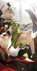 Rule 34 | 1girl, absurdres, alcohol, animal ears, arknights, bare legs, bare shoulders, black footwear, breasts, cat ears, crossed legs, cup, cupping glass, dress, green dress, green eyes, highres, holding, holding cup, kal&#039;tsit (arknights), large breasts, long sleeves, looking at viewer, material growth, off shoulder, oripathy lesion (arknights), shoes, short dress, short hair, solo, tabayashi, thighs, white hair, wine