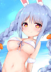 Rule 34 | 1girl, alternate breast size, animal ear fluff, animal ears, arms behind back, bad id, bad pixiv id, beach, bikini, blue hair, blush, bottomless, braid, breasts, carrot, cleavage, cloud, commentary, highres, hololive, leaning back, long hair, looking at viewer, medium breasts, navel, ocean, oppai loli, out-of-frame censoring, outdoors, rabbit ears, red eyes, sazaemu, sky, smile, solo, swimsuit, twin braids, twintails, underboob, upper body, usada pekora, very long hair, virtual youtuber, white bikini