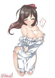 Rule 34 | ..., 10s, 1girl, apron, artist name, bad id, bad twitter id, blush, breast hold, breasts, brown hair, cropped legs, ebifurya, closed eyes, food on body, hair ornament, hair ribbon, hairclip, highres, inactive account, kantai collection, kappougi, large breasts, leaning forward, long hair, long sleeves, mamiya (kancolle), naked apron, off shoulder, pursed lips, ribbon, simple background, solo, spoken ellipsis, tears, twitter username, white background