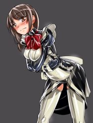 Rule 34 | 1girl, bdsm, bent over, blush, bondage, bound, bow, bowtie, breasts, brown eyes, brown hair, collar, fumi11gou, grey background, latex, looking at viewer, maid, original, red bow, red bowtie, short hair, solo, straitjacket, thighhighs, white thighhighs
