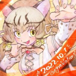 Rule 34 | 1girl, animal costume, animal ear fluff, animal ears, bow, bowtie, cat ears, cat girl, extra ears, geoffroy&#039;s cat (kemono friends), grey hair, i hoheto, kemono friends, kemono friends v project, long hair, looking at viewer, microphone, multicolored hair, open mouth, ribbon, shirt, simple background, smile, solo, twintails, virtual youtuber, yellow eyes