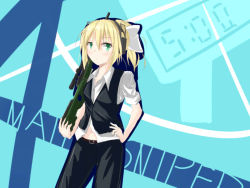 Rule 34 | 1girl, alternate costume, blonde hair, breasts, ear protection, green eyes, gun, hand on own hip, iris (material sniper), karo-chan, material sniper, navel, pants, ponytail, rifle, scope, shirt, sleeves rolled up, small breasts, sniper rifle, solo, striped, striped background, vest, weapon