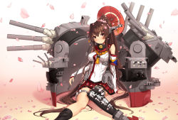 Rule 34 | 1girl, black socks, breasts, brown eyes, brown hair, clothes writing, flower, hair between eyes, hair flower, hair ornament, highres, kantai collection, kneehighs, large breasts, long hair, machinery, md5 mismatch, miniskirt, oil-paper umbrella, petals, pink flower, pleated skirt, ponytail, red skirt, resolution mismatch, revision, single kneehigh, single sock, single thighhigh, skirt, smile, socks, solo, source smaller, takanashi kei (hitsujikan), thighhighs, turret, umbrella, very long hair, yamato (kancolle), z flag