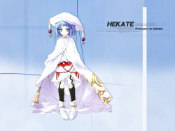 Rule 34 | 00s, 1girl, black legwear, blue background, blue eyes, blue hair, bob cut, boots, character name, copyright name, full body, gem, gradient background, hat, hecate (shakugan no shana), looking at viewer, matching hair/eyes, official art, official wallpaper, red gemstone, shakugan no shana, short hair, solo, standing, v-shaped eyebrows, wallpaper, white hat