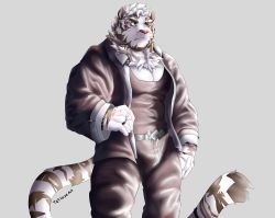Rule 34 | 1boy, absurdres, animal ears, arknights, bara, black tank top, bulge, furry, furry male, highres, jacket, male focus, mountain (arknights), muscular, muscular male, official alternate costume, open clothes, open jacket, open shirt, pectoral cleavage, pectorals, scar, scar across eye, scar on face, short hair, solo, tank top, tatsuya (tatsuyaart d), tiger boy, tiger ears, tiger stripes, white fur