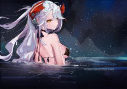 Rule 34 | 1girl, ahoge, azur lane, back, bare shoulders, bathing, bikini, black bikini, breasts, character name, from behind, german text, halterneck, headgear, highres, long hair, medium breasts, naughty face, night, night sky, outdoors, parted lips, partially submerged, prinz eugen (azur lane), prinz eugen (unfading smile) (azur lane), reflection, sideboob, silver hair, sky, smile, solo, star (sky), starry sky, swimsuit, translated, two side up, upper body, water, ya yan, yellow eyes