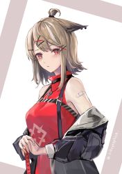 Rule 34 | 1girl, absurdres, animal ears, arknights, black jacket, blonde hair, blush, breasts, closed mouth, clothes pull, cutter (arknights), hair ornament, hairclip, highres, jacket, jacket pull, lithographica, looking at viewer, medium hair, off-shoulder shirt, off shoulder, red eyes, red shirt, shirt, simple background, solo, twitter username, upper body