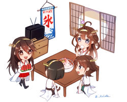 Rule 34 | 4girls, ahoge, bright pupils, chest of drawers, chibi, commentary request, cup, double bun, food, fruit, hair bun, hanging scroll, haruna (kancolle), headgear, hiei (kancolle), highres, ice cream, kantai collection, kirishima (kancolle), kocona, kongou (kancolle), kooribata, multiple girls, nontraditional miko, one-hour drawing challenge, open mouth, scroll, shaved ice, sliding doors, table, teacup, television, twitter username, watermelon
