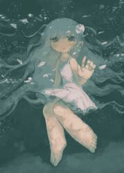 Rule 34 | 1girl, air bubble, arm at side, bare legs, bare shoulders, barefoot, brown eyes, bubble, commentary request, dress, floating hair, grey hair, hand up, highres, kezuru, long hair, looking at viewer, no nose, no sclera, original, parted lips, solo, sundress, toes, underwater, very long hair, white dress