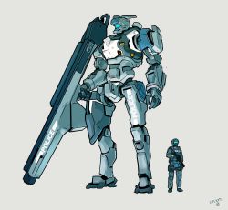 Rule 34 | 1boy, bad id, bad twitter id, dated, grey background, gun, highres, holding, holding gun, holding weapon, looking ahead, mecha, moi moi7, open hand, original, police, robot, science fiction, visor, weapon