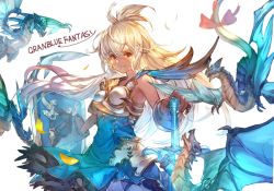 Rule 34 | 1girl, ahoge, armor, armored dress, blue dress, bow, commentary, copyright name, dragon, dress, english commentary, eyelashes, gloves, granblue fantasy, hair between eyes, half updo, happy, highres, holding, holding shield, holding sword, holding weapon, long hair, looking at viewer, niii, red eyes, shield, short dress, simple background, smile, solo, sword, thighhighs, weapon, white background, white hair, white thighhighs, zooey (granblue fantasy)
