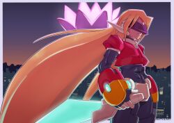 Rule 34 | 1boy, android, armor, assault visor, blonde hair, blurry, blurry background, city, cowboy shot, crotch plate, energy sword, facial mark, forehead mark, girouette (mega man), glowing, gradient sky, highres, holding, holding sword, holding weapon, lautricius, long hair, male focus, mega man (series), mega man zx, model z (mega man), red armor, reverse grip, sky, solo, sunset, sword, twitter username, weapon