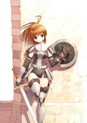 Rule 34 | 00s, 1girl, against wall, armor, blush, boots, cover, cover page, female knight, final fantasy, final fantasy xi, gloves, head tilt, hume, knight, long hair, orange hair, purple eyes, shield, short hair, shorts, solo, standing, standing on one leg, sword, thigh boots, thighhighs, ueda ryou, weapon