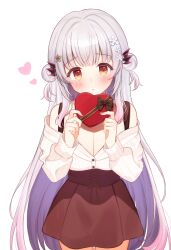 Rule 34 | 1girl, absurdres, blush, box, breasts, brown eyes, cleavage, daysss, double bun, flower, hair bun, hair flower, hair ornament, head tilt, heart, heart-shaped box, highres, holding, holding box, indie virtual youtuber, long hair, long sleeves, looking at viewer, parted lips, skirt, solo, suou patra, two side up, valentine, very long hair, virtual youtuber, white hair