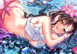 Rule 34 | 1girl, akirannu, ass, bare shoulders, bikini, black hair, blush, breasts, chest tattoo, cleavage, facial mark, fate/grand order, fate (series), forehead mark, jewelry, large breasts, long hair, looking at viewer, multicolored hair, navel, necklace, open mouth, pearl necklace, sessyoin kiara, sessyoin kiara (swimsuit mooncancer), sessyoin kiara (swimsuit mooncancer) (first ascension), shell, shell necklace, smile, solo, streaked hair, swimsuit, tattoo, thighs, white bikini, yellow eyes